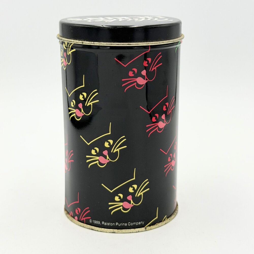 Vintage 1989 Whisker Lickin’s Cat Treat Tin Black Neon Cats  4.5"